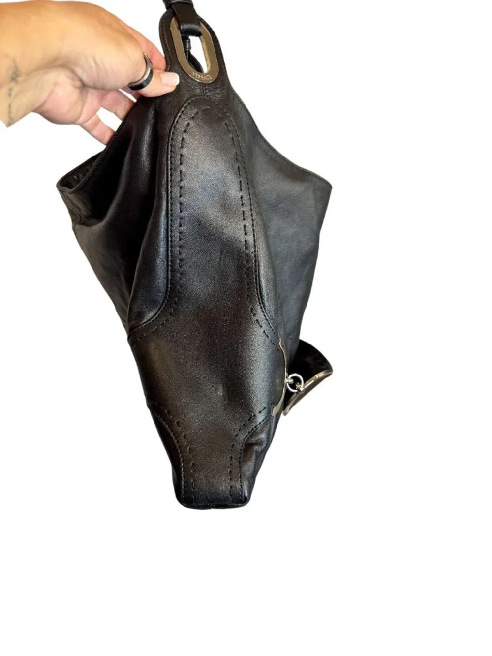Versace Black Leather Medusa Embossed Hobo Shoulder Bag - OS